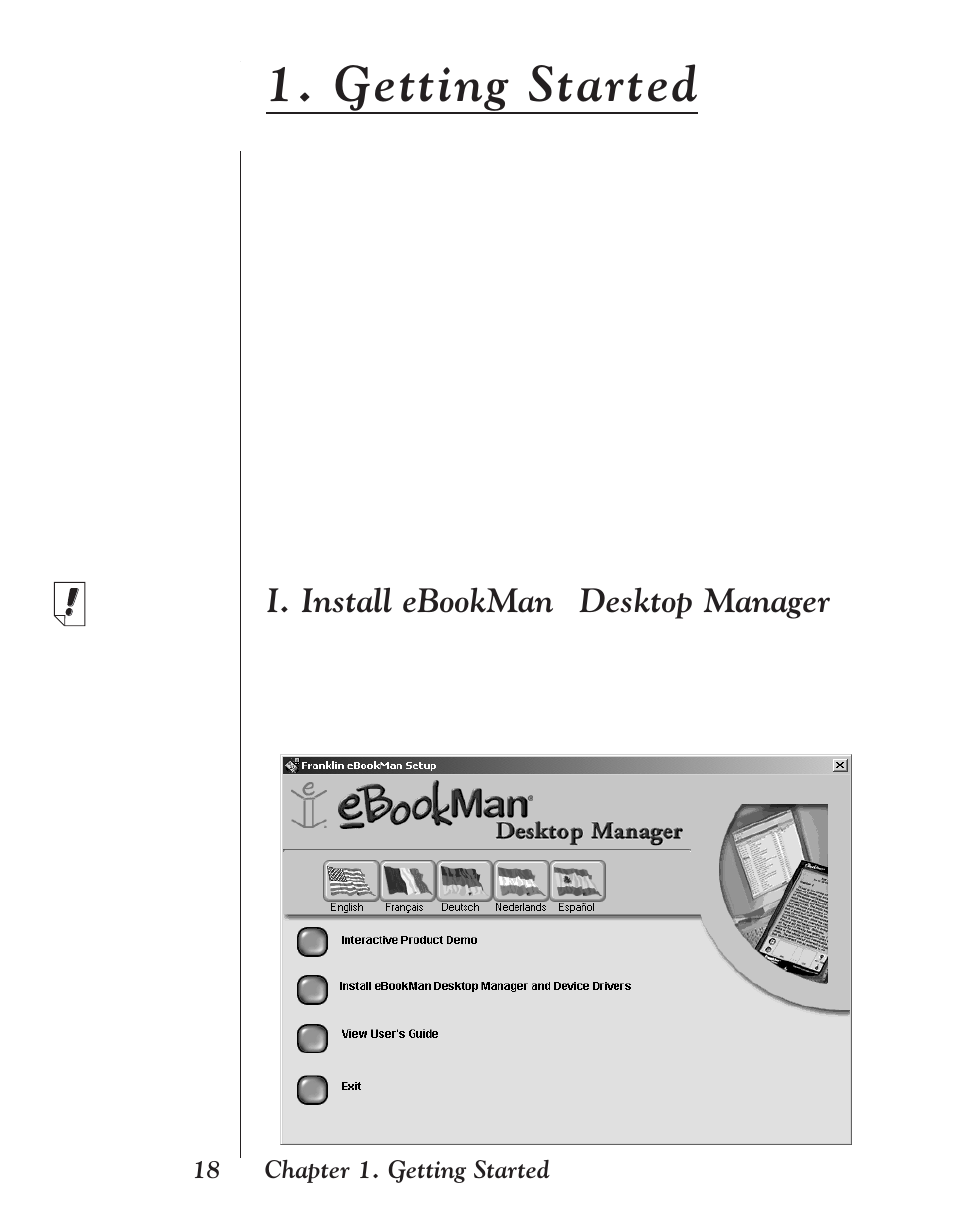 Getting started, I. install ebookman® desktop manager, I. install ebookman | Desktop manager | Franklin EBM-901 User Manual | Page 18 / 243