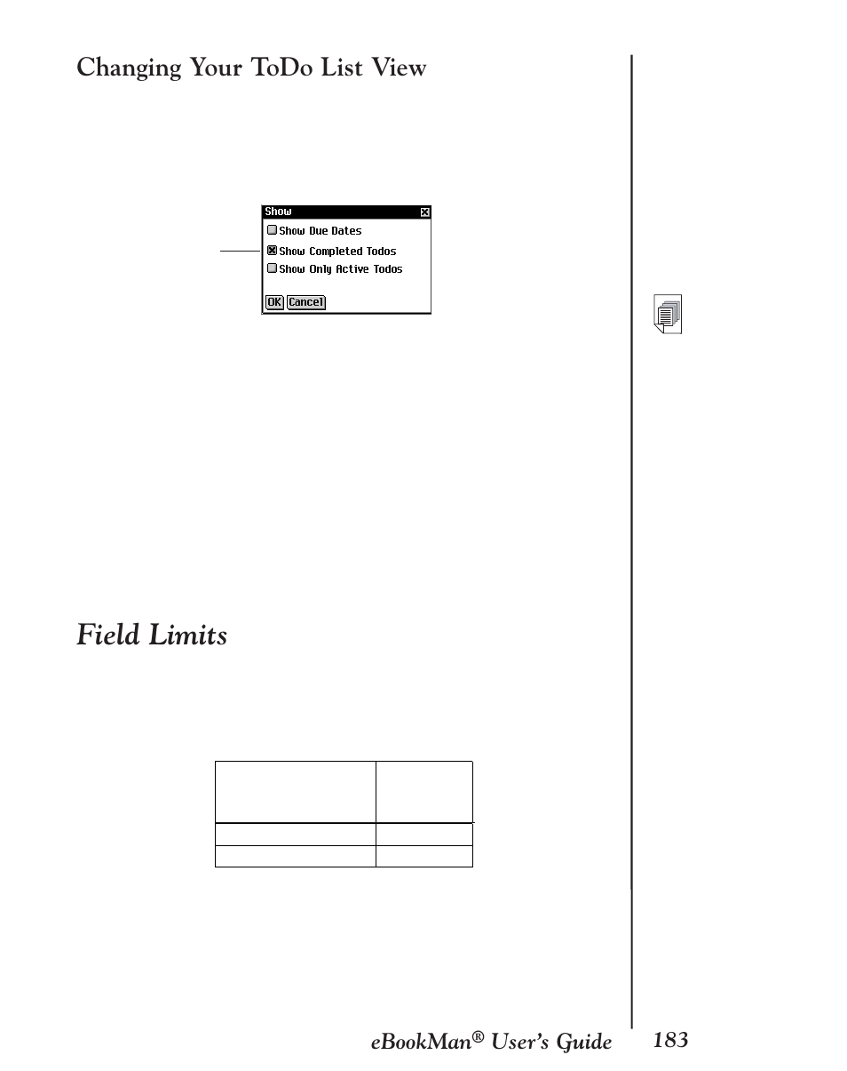 Changing your todo list view, Field limits | Franklin EBM-901 User Manual | Page 183 / 243