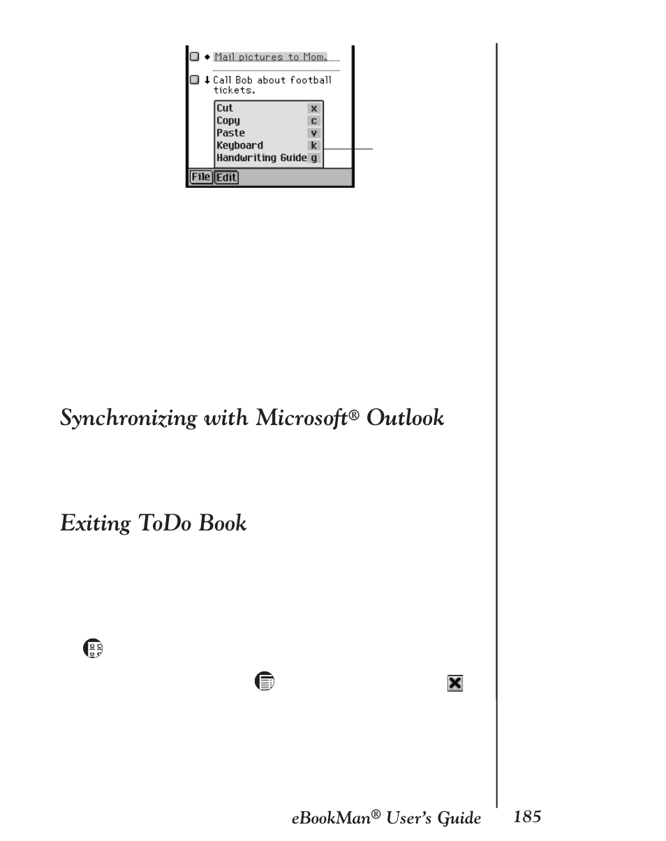 Synchronizing with microsoft® outlook, Exiting todo book, Synchronizing with microsoft | Outlook | Franklin EBM-901 User Manual | Page 185 / 243