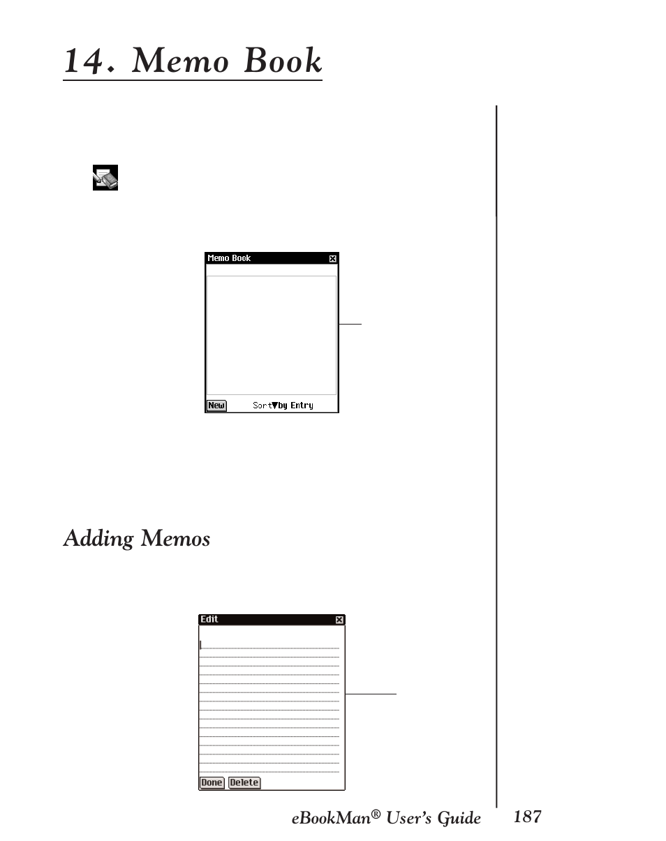 Memo book, Adding memos | Franklin EBM-901 User Manual | Page 187 / 243