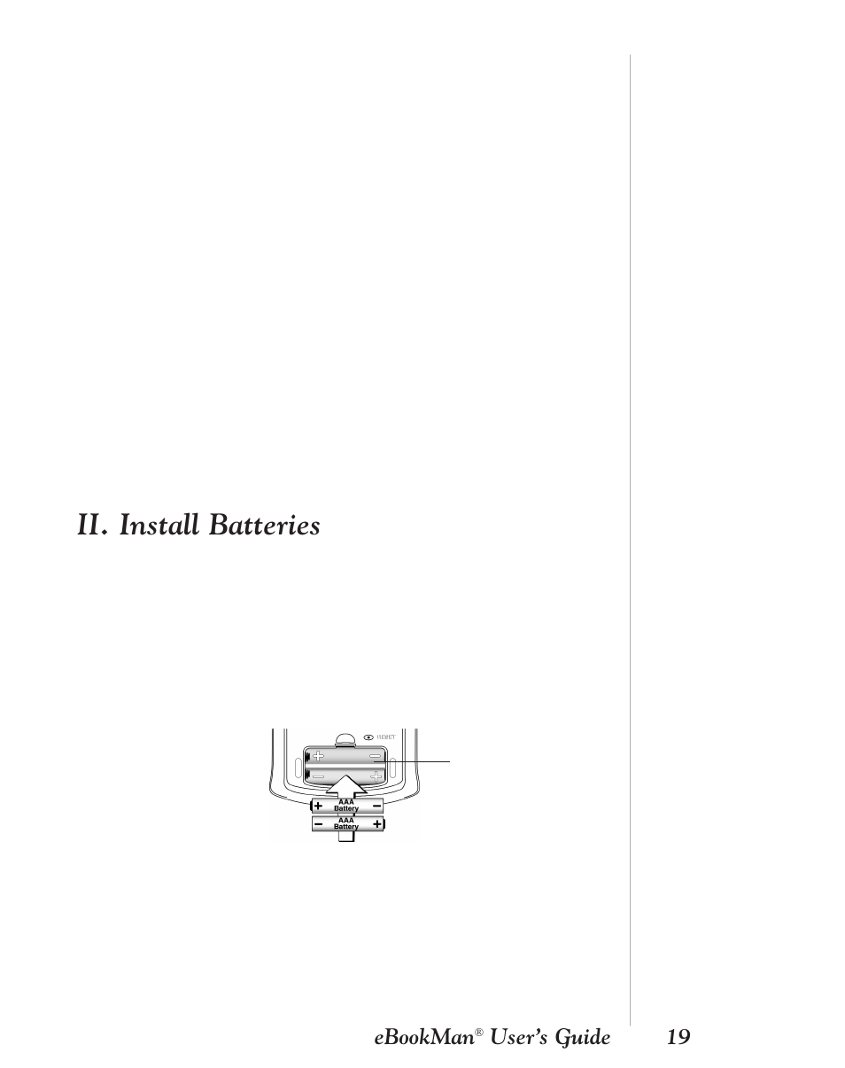 Ii. install batteries, Ebookman, User’s guide 19 | Franklin EBM-901 User Manual | Page 19 / 243