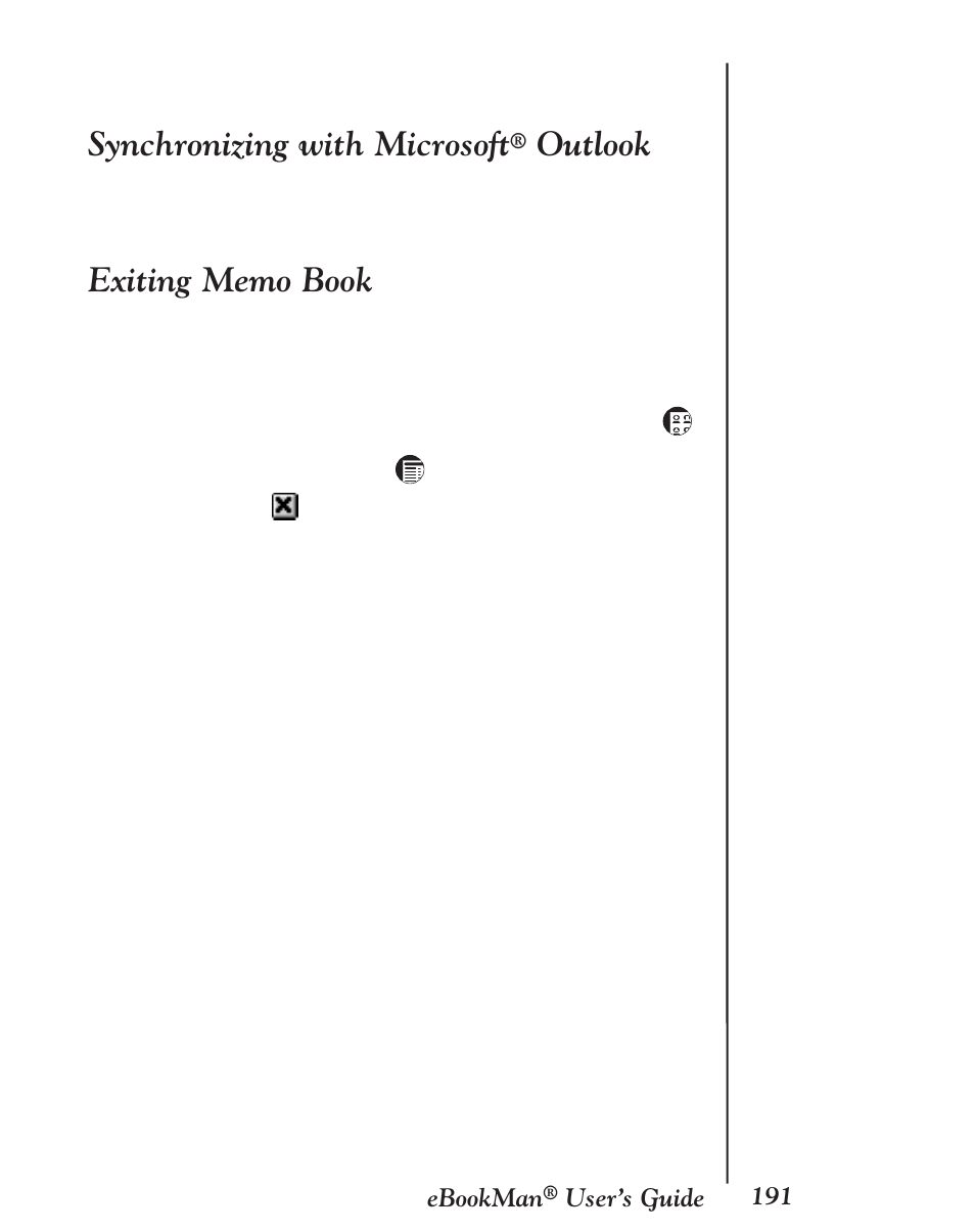 Synchronizing with microsoft® outlook, Exiting memo book, Synchronizing with microsoft | Outlook | Franklin EBM-901 User Manual | Page 191 / 243