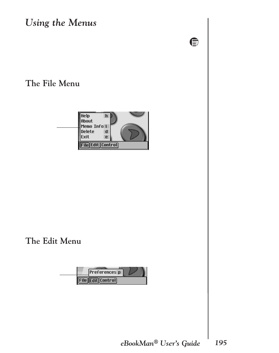 Using the menus, The file menu, The edit menu | Franklin EBM-901 User Manual | Page 195 / 243