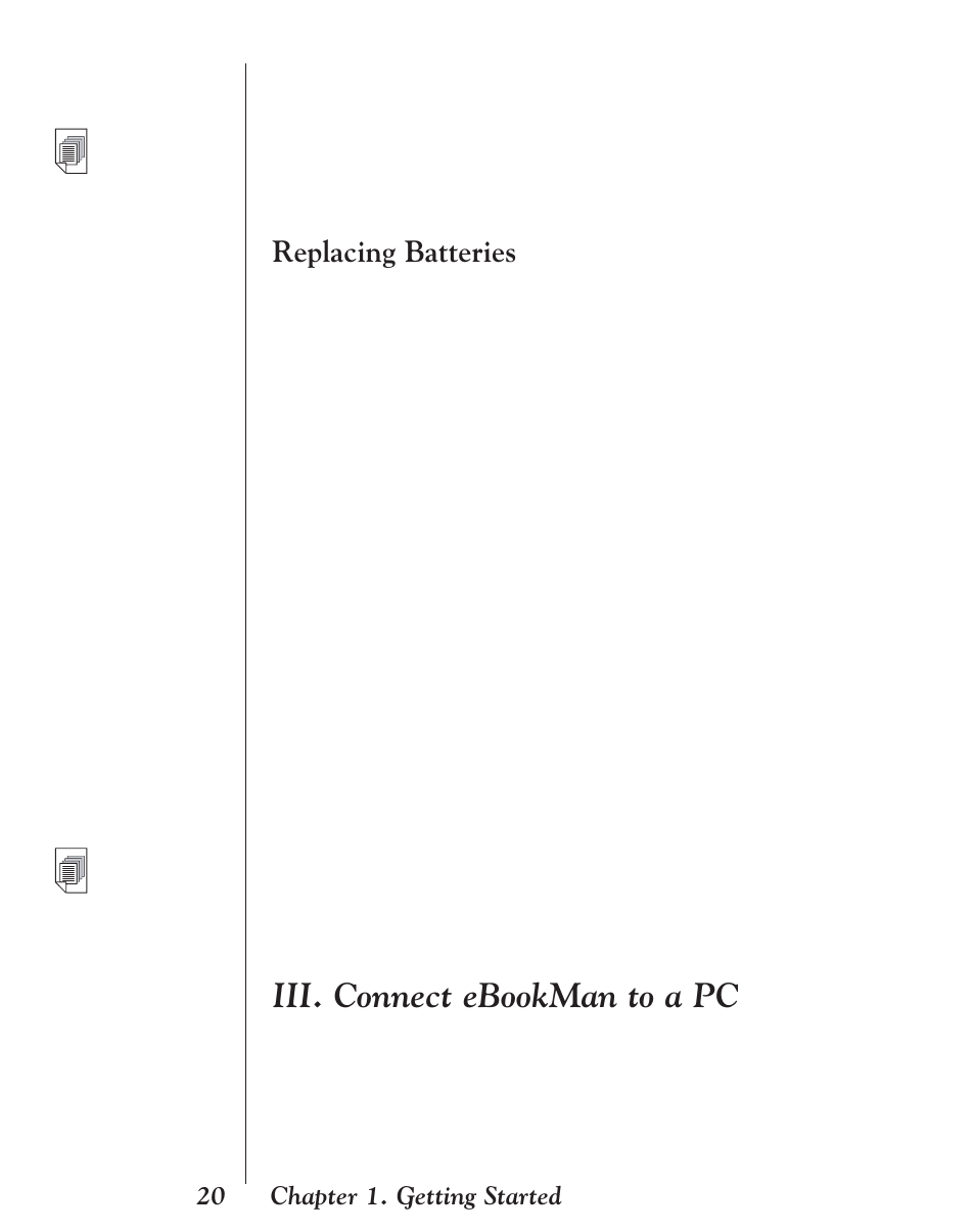Replacing batteries, Iii. connect ebookman to a pc | Franklin EBM-901 User Manual | Page 20 / 243
