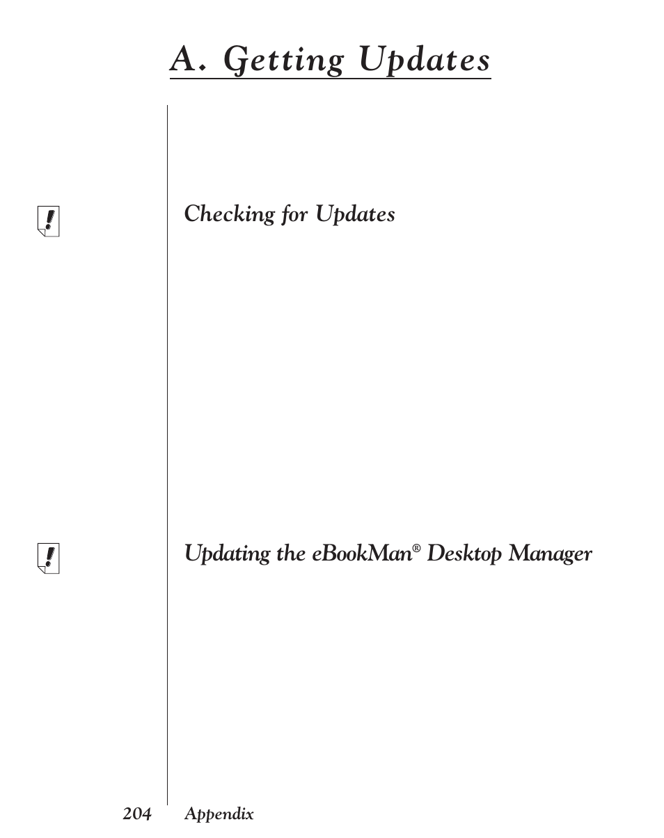 A. getting updates, Checking for updates, Updating the ebookman® desktop manager | Updating the ebookman, Desktop manager | Franklin EBM-901 User Manual | Page 204 / 243