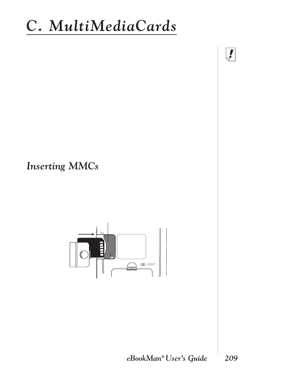 C. multimediacards, Inserting mmcs | Franklin EBM-901 User Manual | Page 209 / 243