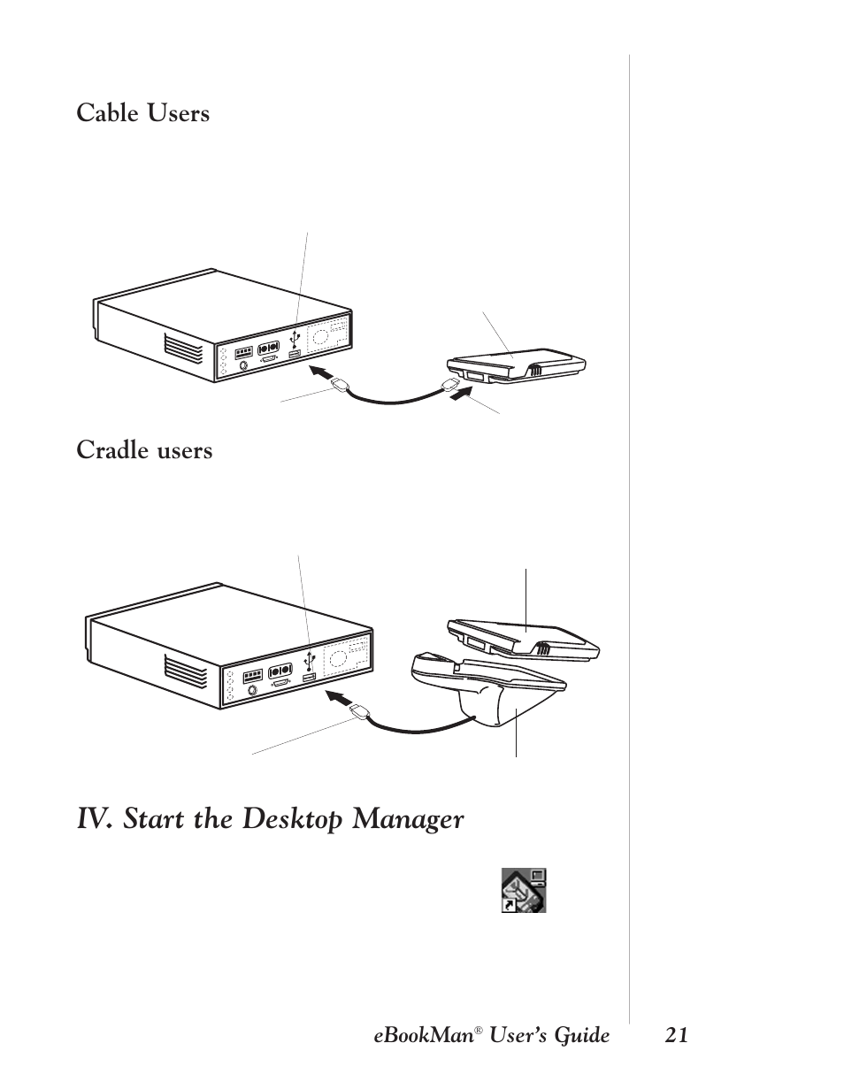 Cable users, Cradle users, Iv. start the desktop manager | Ebookman, User’s guide 21 | Franklin EBM-901 User Manual | Page 21 / 243