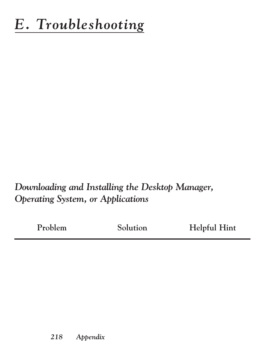E. troubleshooting, Problem solution helpful hint | Franklin EBM-901 User Manual | Page 218 / 243