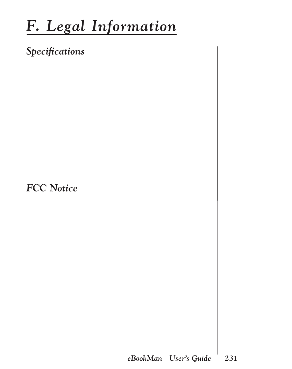 F. legal information, Specifications, Fcc notice | Franklin EBM-901 User Manual | Page 231 / 243