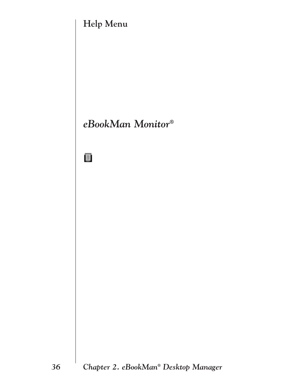 Help menu, Ebookman monitor, 36 chapter 2. ebookman | Desktop manager | Franklin EBM-901 User Manual | Page 36 / 243