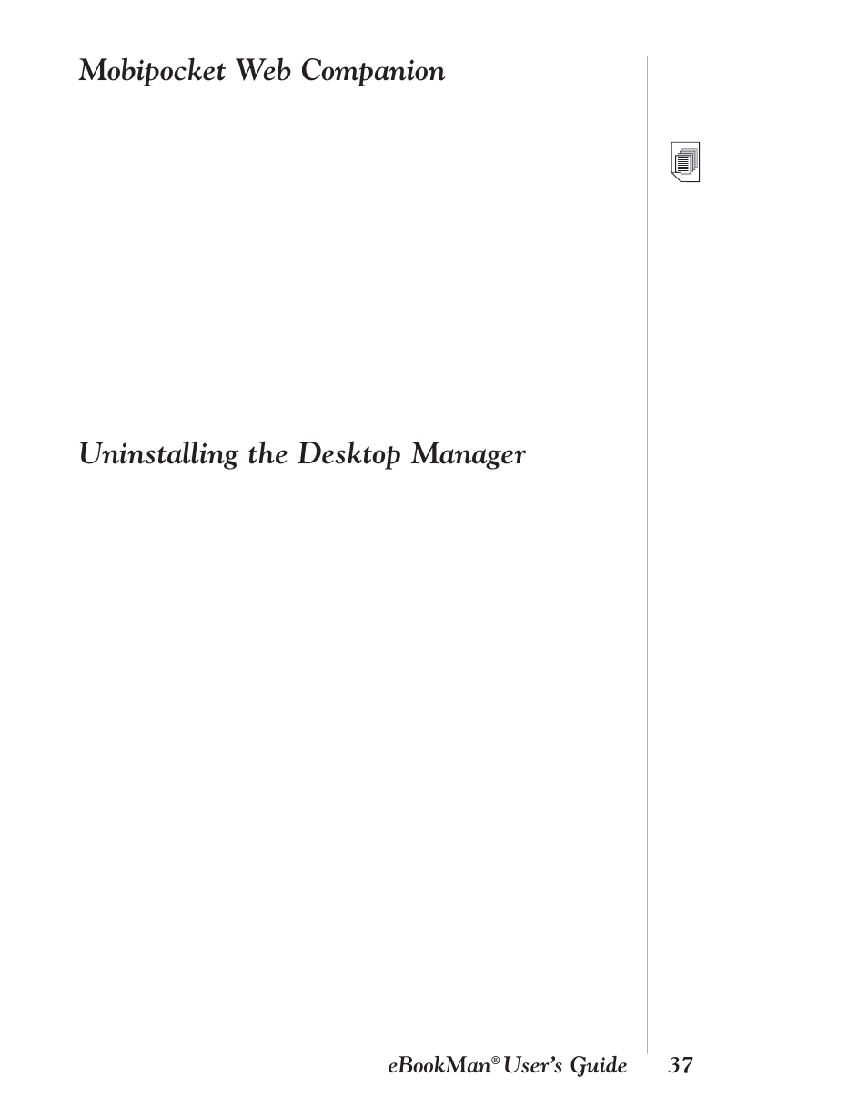 Mobipocket web companion, Uninstalling the desktop manager | Franklin EBM-901 User Manual | Page 37 / 243