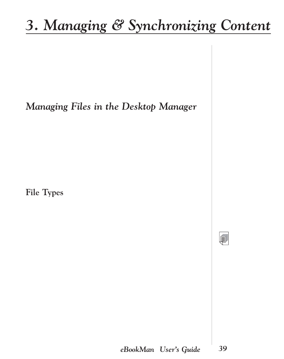 Managing & synchronizing content, Managing files in the desktop manager, File types | Franklin EBM-901 User Manual | Page 39 / 243