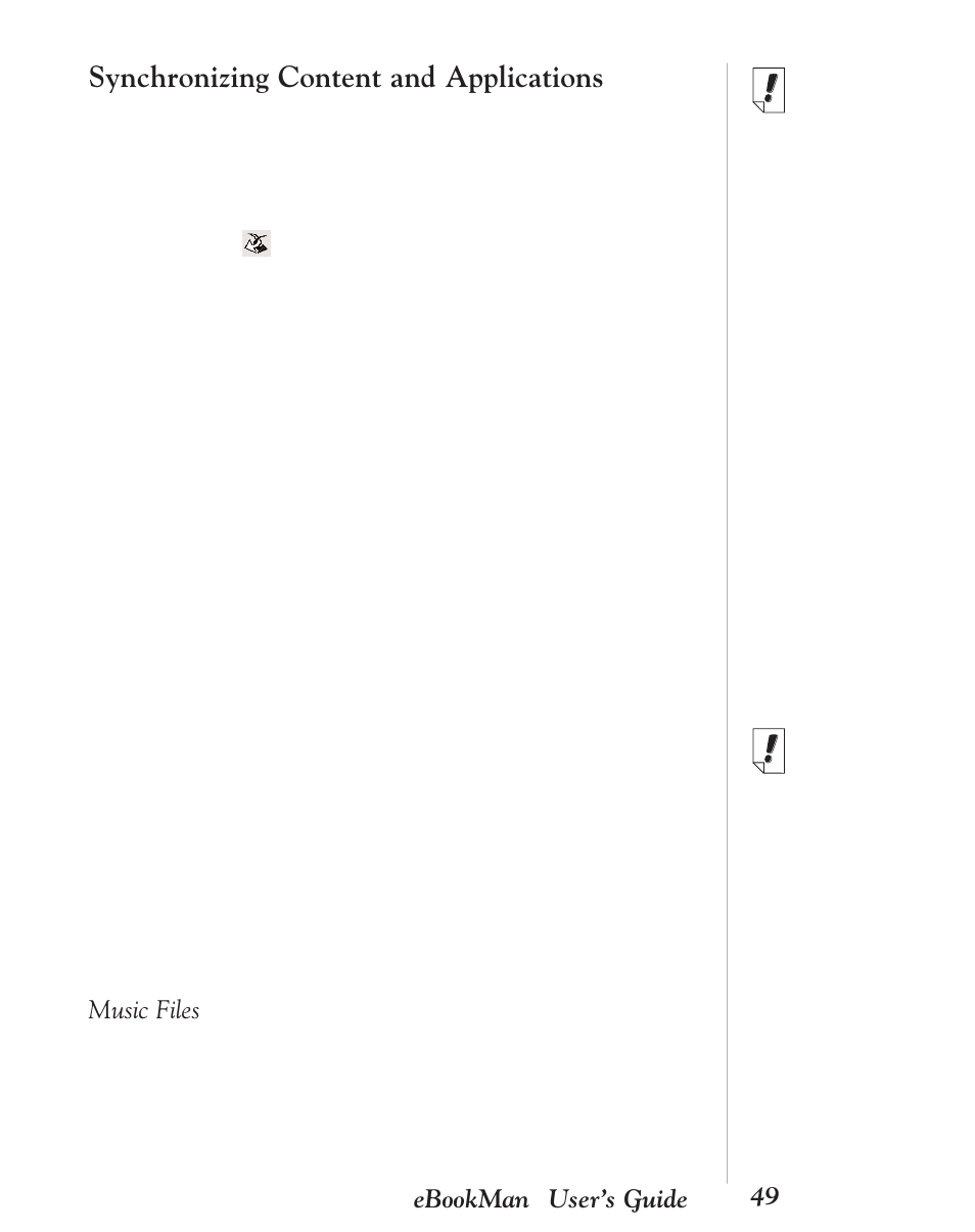 Synchronizing content and applications, Music files, 49 ebookman | User’s guide | Franklin EBM-901 User Manual | Page 49 / 243