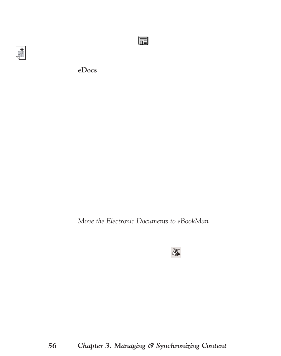 Move the electronic documents to ebookman, Edocs, 56 chapter 3. managing & synchronizing content | Franklin EBM-901 User Manual | Page 56 / 243