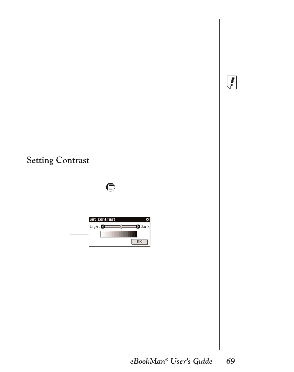 Setting contrast, 69 ebookman, User’s guide | Franklin EBM-901 User Manual | Page 69 / 243