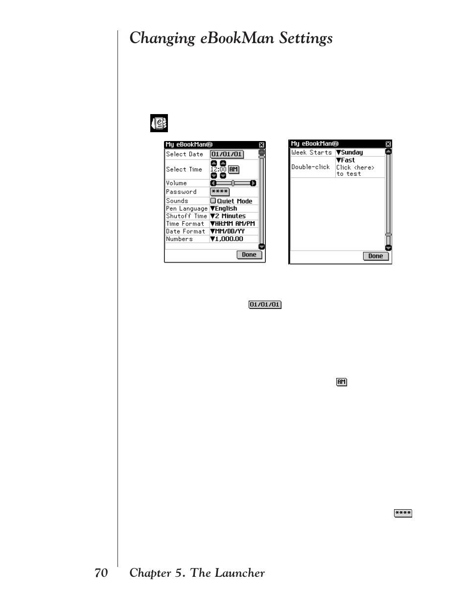 Changing ebookman settings, 70 chapter 5. the launcher | Franklin EBM-901 User Manual | Page 70 / 243