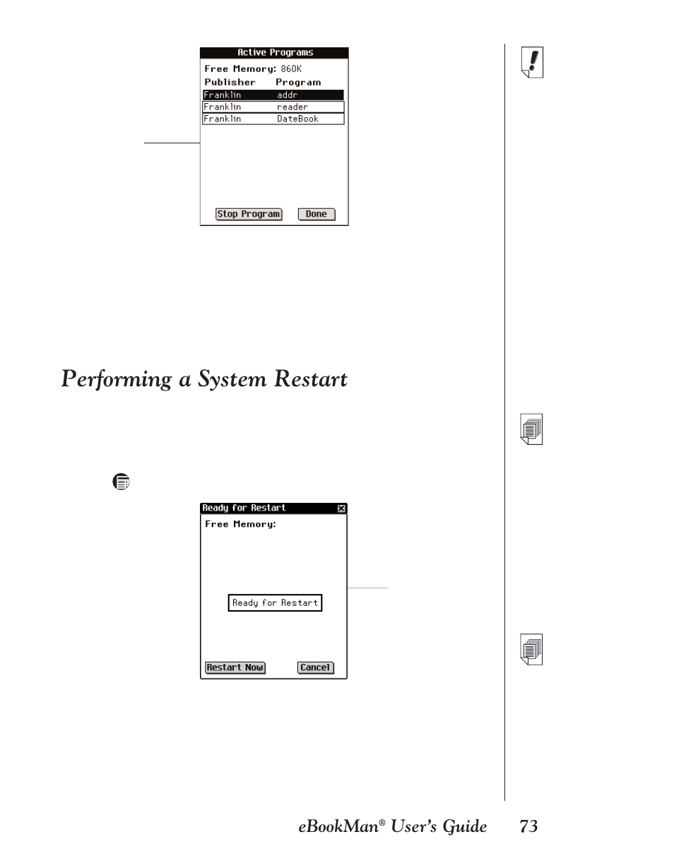 Performing a system restart, 73 ebookman, User’s guide | Franklin EBM-901 User Manual | Page 73 / 243