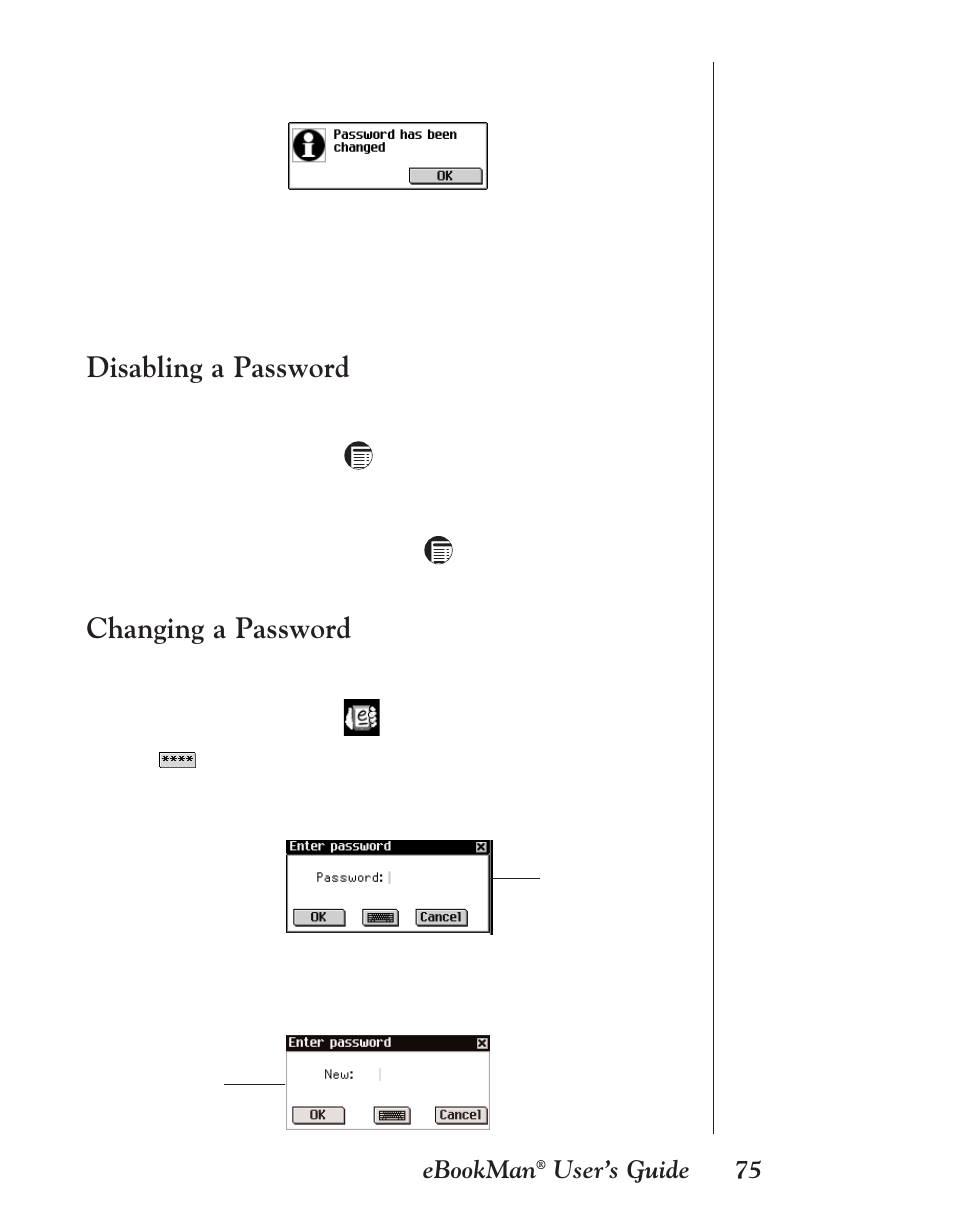 Disabling a password, Changing a password, 75 ebookman | User’s guide | Franklin EBM-901 User Manual | Page 75 / 243