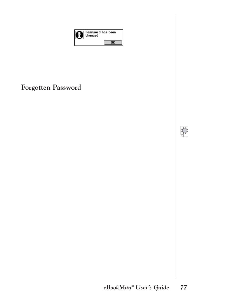 Forgotten password, 77 ebookman, User’s guide | Franklin EBM-901 User Manual | Page 77 / 243