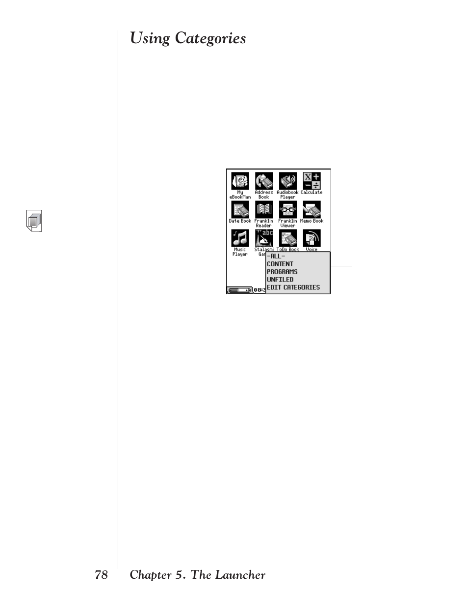 Using categories | Franklin EBM-901 User Manual | Page 78 / 243