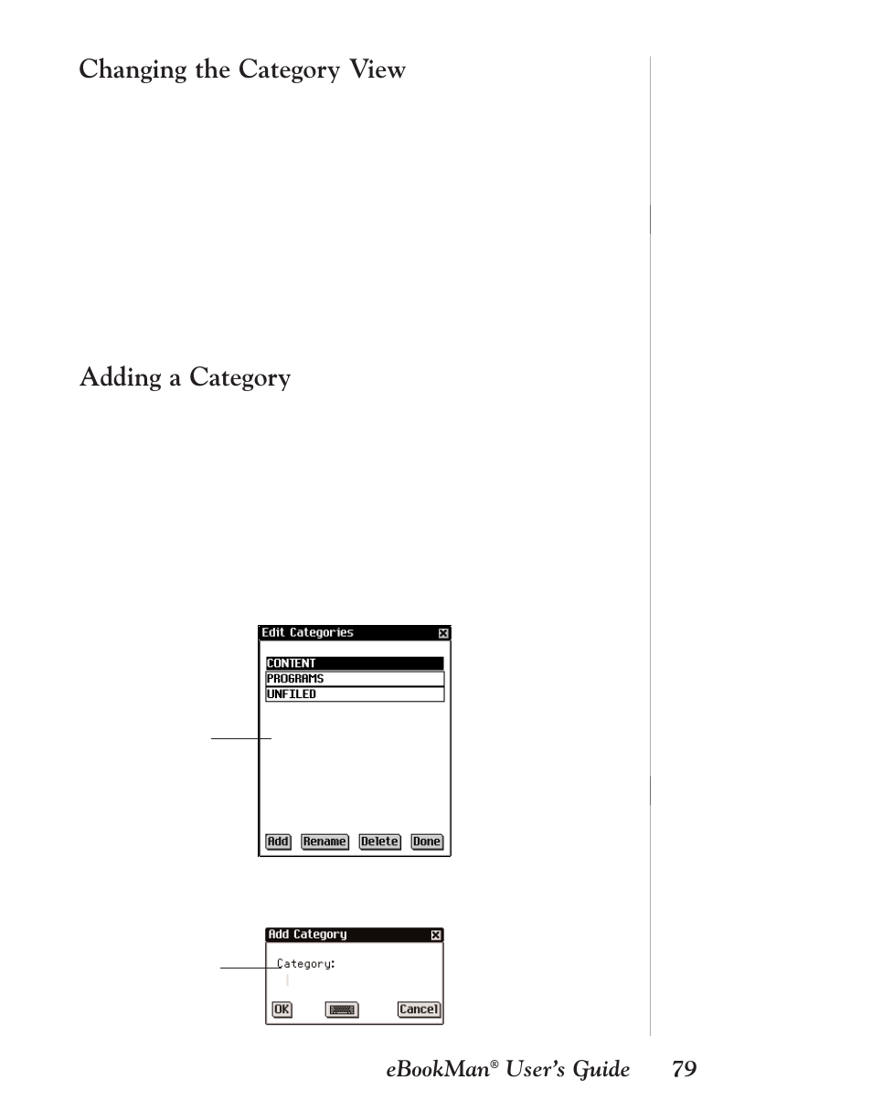 Changing the category view, Adding a category | Franklin EBM-901 User Manual | Page 79 / 243