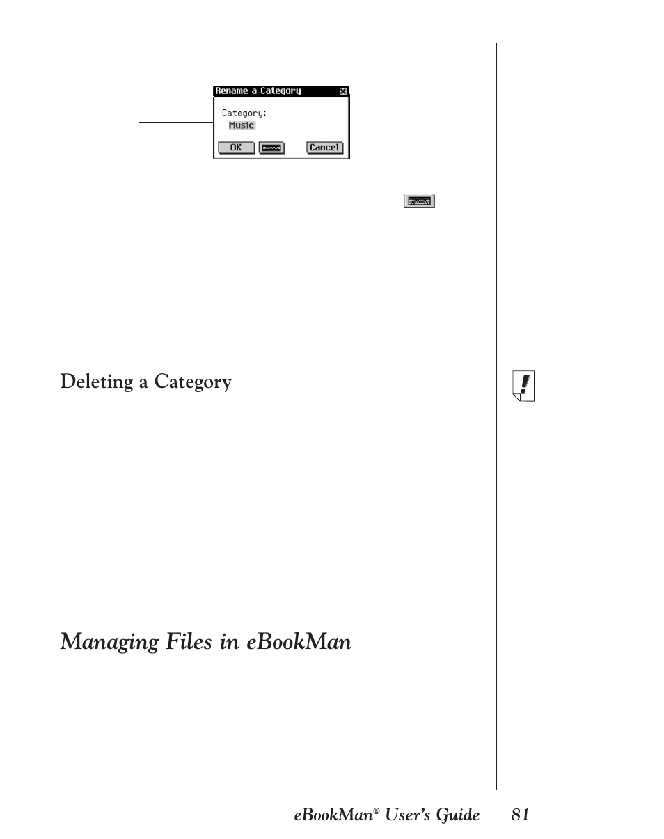 Deleting a category, Managing files in ebookman | Franklin EBM-901 User Manual | Page 81 / 243