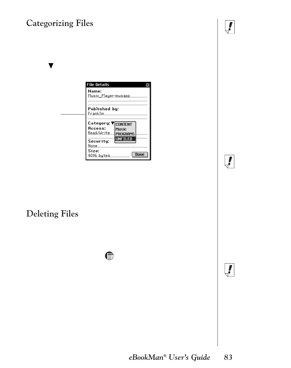 Categorizing files, Deleting files, 83 ebookman | User’s guide | Franklin EBM-901 User Manual | Page 83 / 243