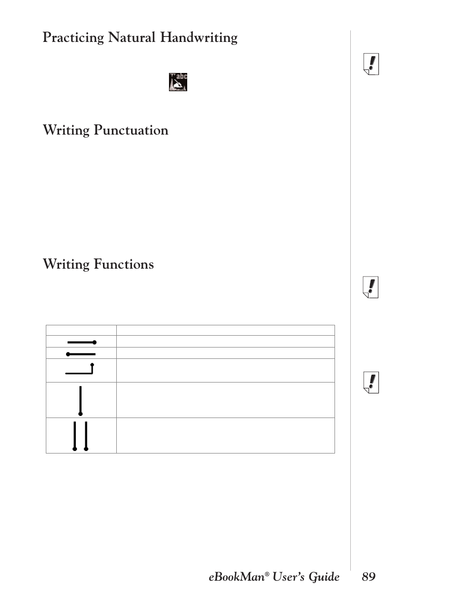 Practicing natural handwriting, Writing punctuation, Writing functions | 89 ebookman, User’s guide | Franklin EBM-901 User Manual | Page 89 / 243