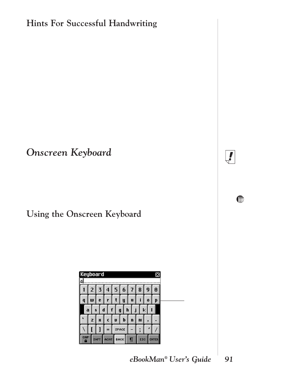Hints for successful handwriting, Onscreen keyboard, Using the onscreen keyboard | Franklin EBM-901 User Manual | Page 91 / 243