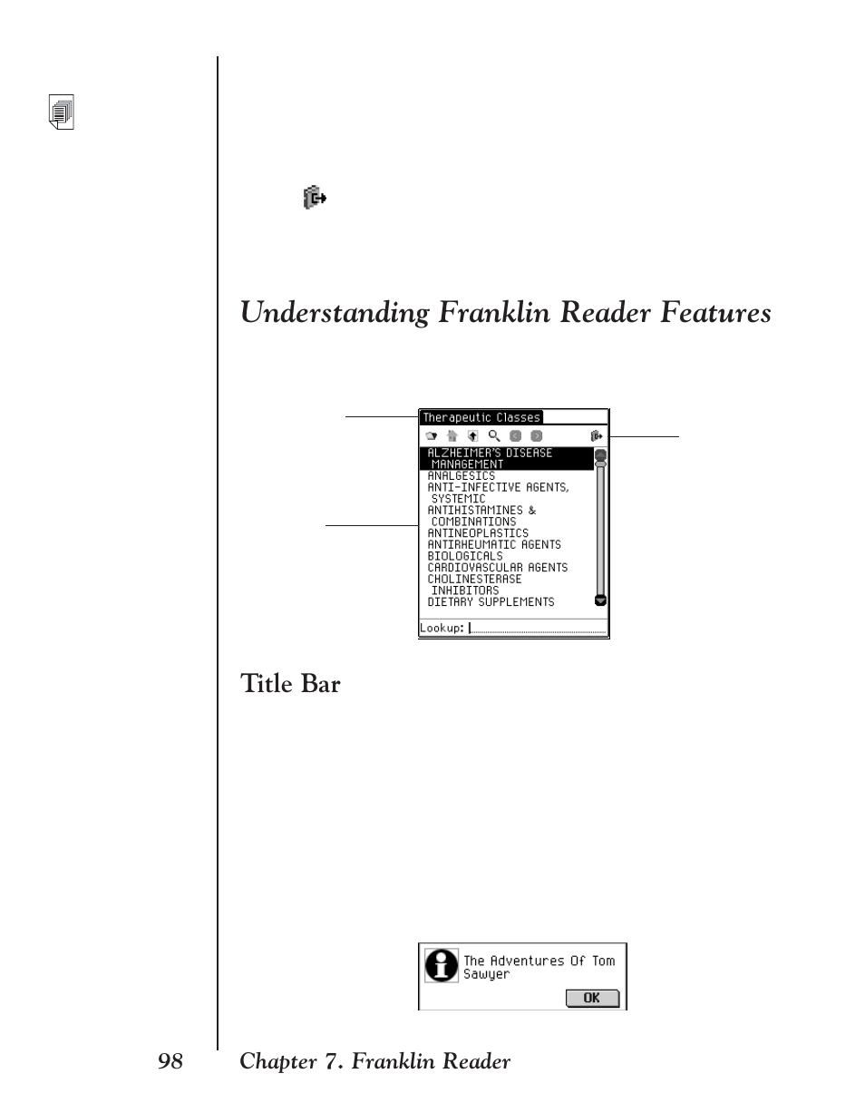 Understanding franklin reader features, Title bar | Franklin EBM-901 User Manual | Page 98 / 243