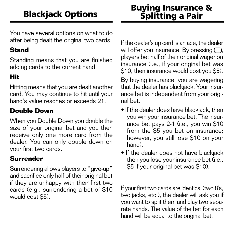 Blackjack options, Buying insurance & splitting a pair | Franklin Blackjack & Video Poker BJP-2034 User Manual | Page 11 / 20