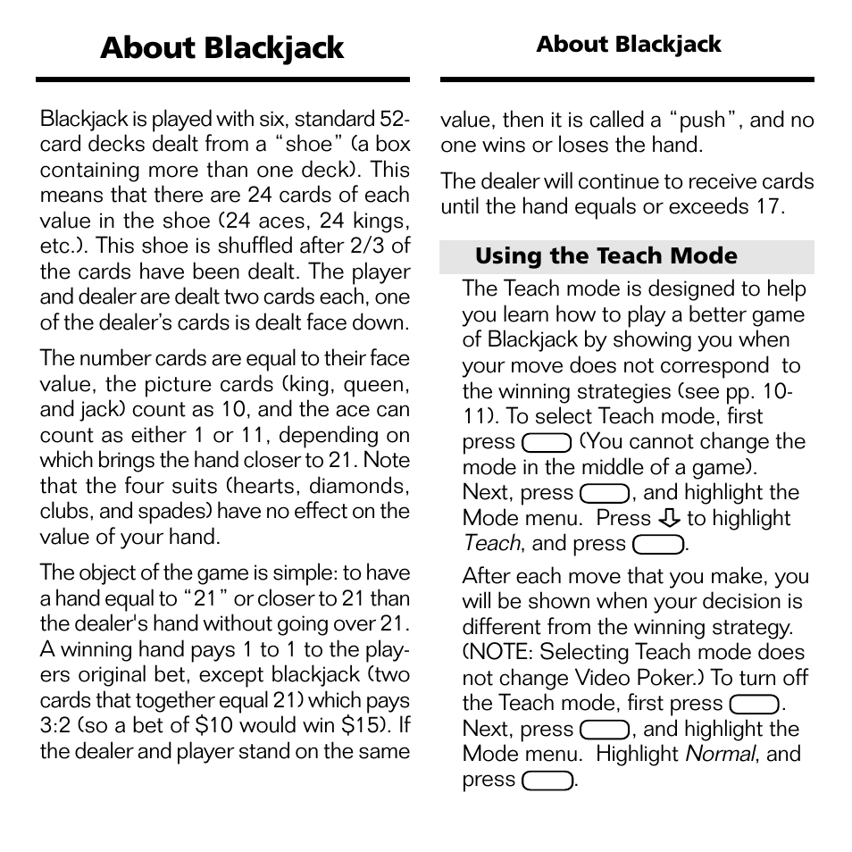 About blackjack | Franklin Blackjack & Video Poker BJP-2034 User Manual | Page 8 / 20