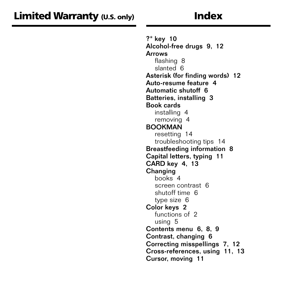 Index, Limited warranty | Franklin BOOKMAN CDR-2041 User Manual | Page 17 / 20