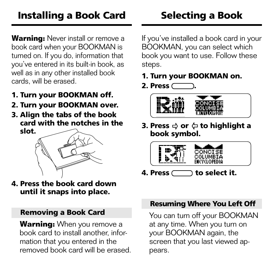 Selecting a book, Installing a book card | Franklin BOOKMAN CDR-2041 User Manual | Page 6 / 20