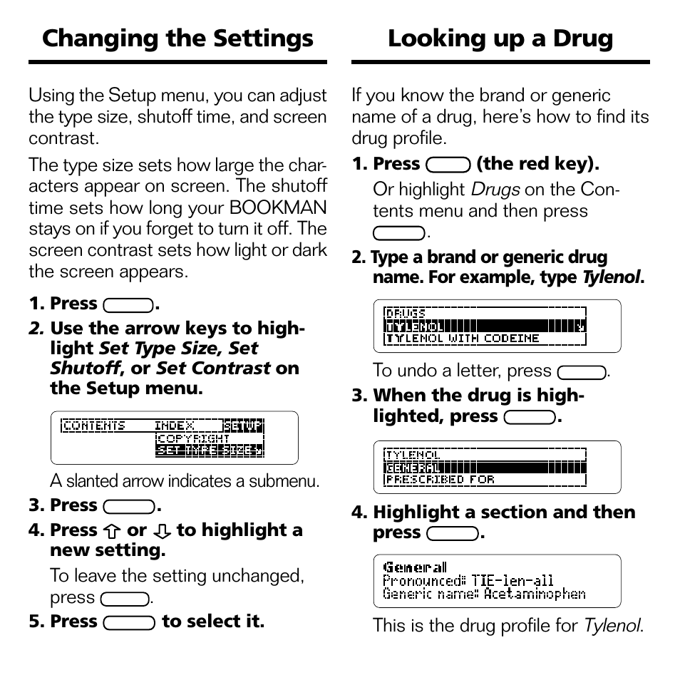 Looking up a drug, Changing the settings | Franklin BOOKMAN CDR-2041 User Manual | Page 8 / 20