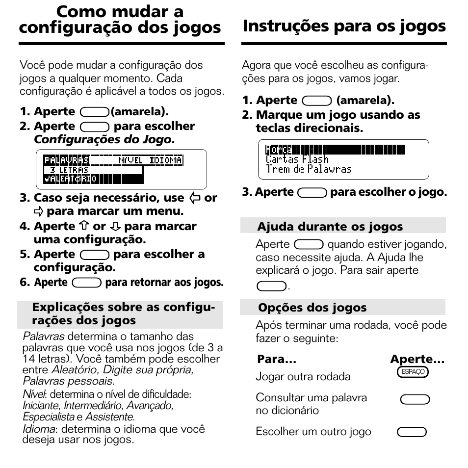 Instruções para os jogos, Como mudar a configuração dos jogos | Franklin BPS-840 User Manual | Page 15 / 42