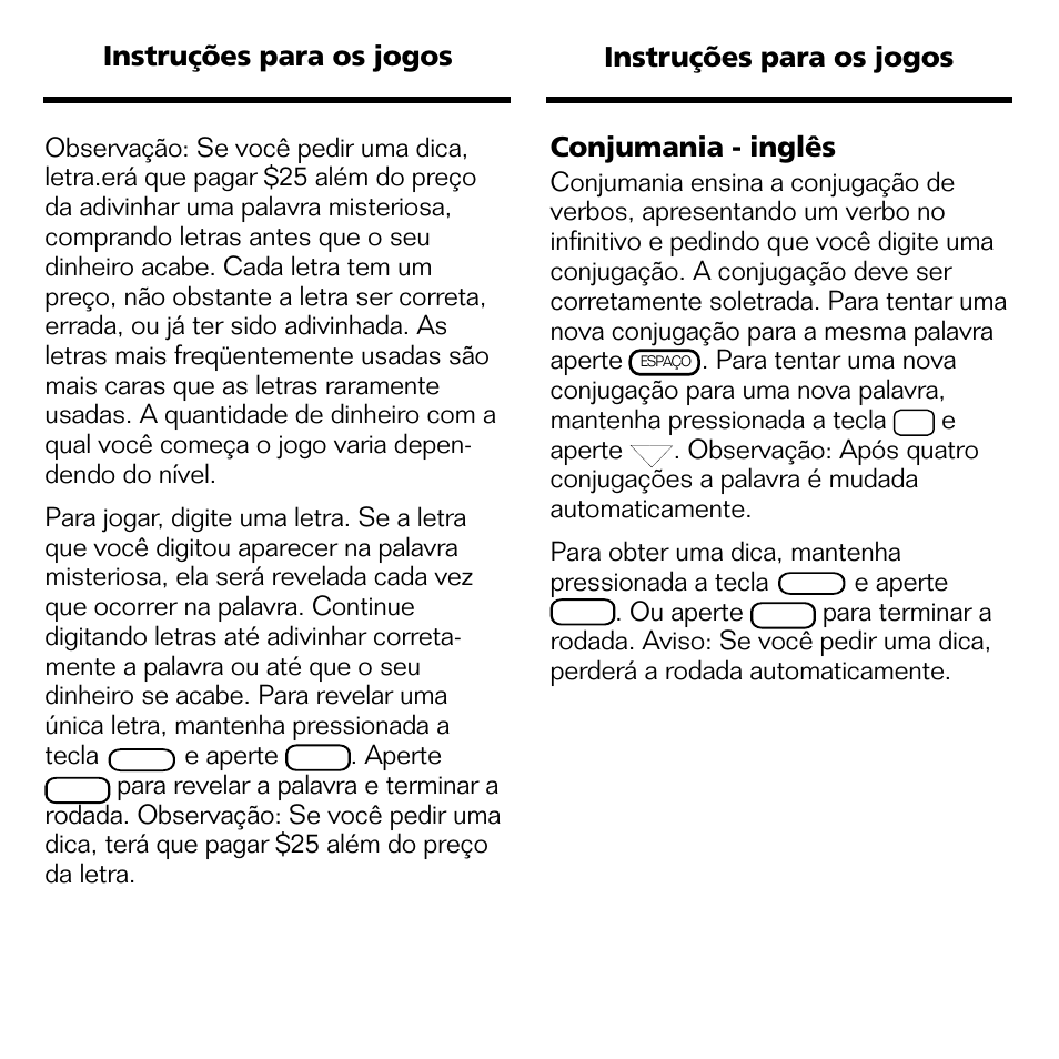 16 conjumania - inglês, Instruções para os jogos, Eaperte | E aperte, Ou aperte, Aperte | Franklin BPS-840 User Manual | Page 17 / 42