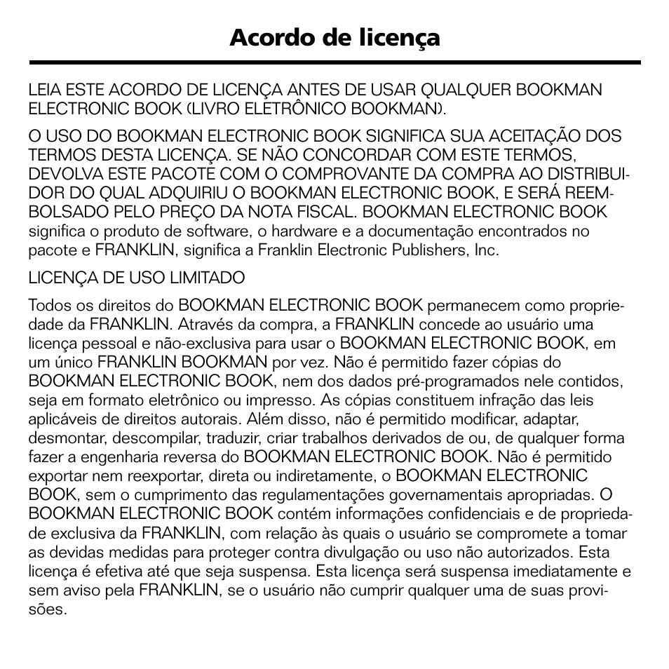 Acordo de licença | Franklin BPS-840 User Manual | Page 2 / 42