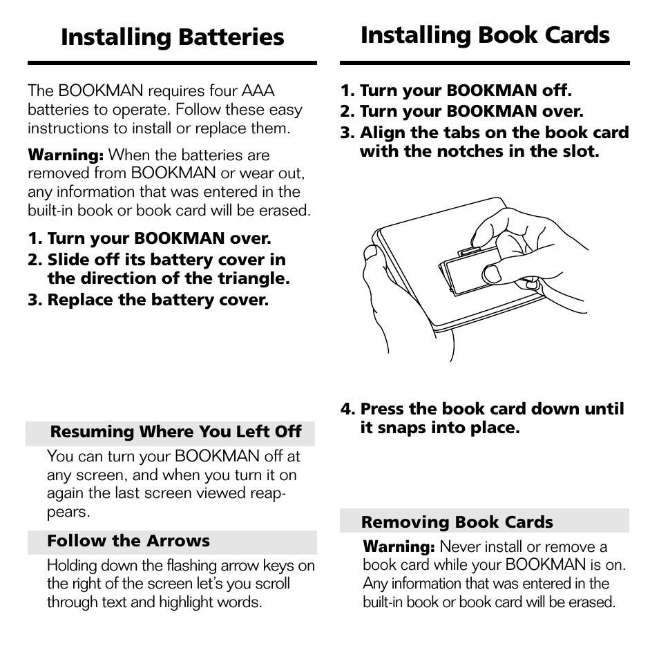 Installing book cards, Installing batteries | Franklin BPS-840 User Manual | Page 25 / 42