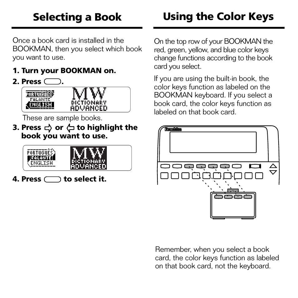 Selecting a book, Using the color keys | Franklin BPS-840 User Manual | Page 26 / 42