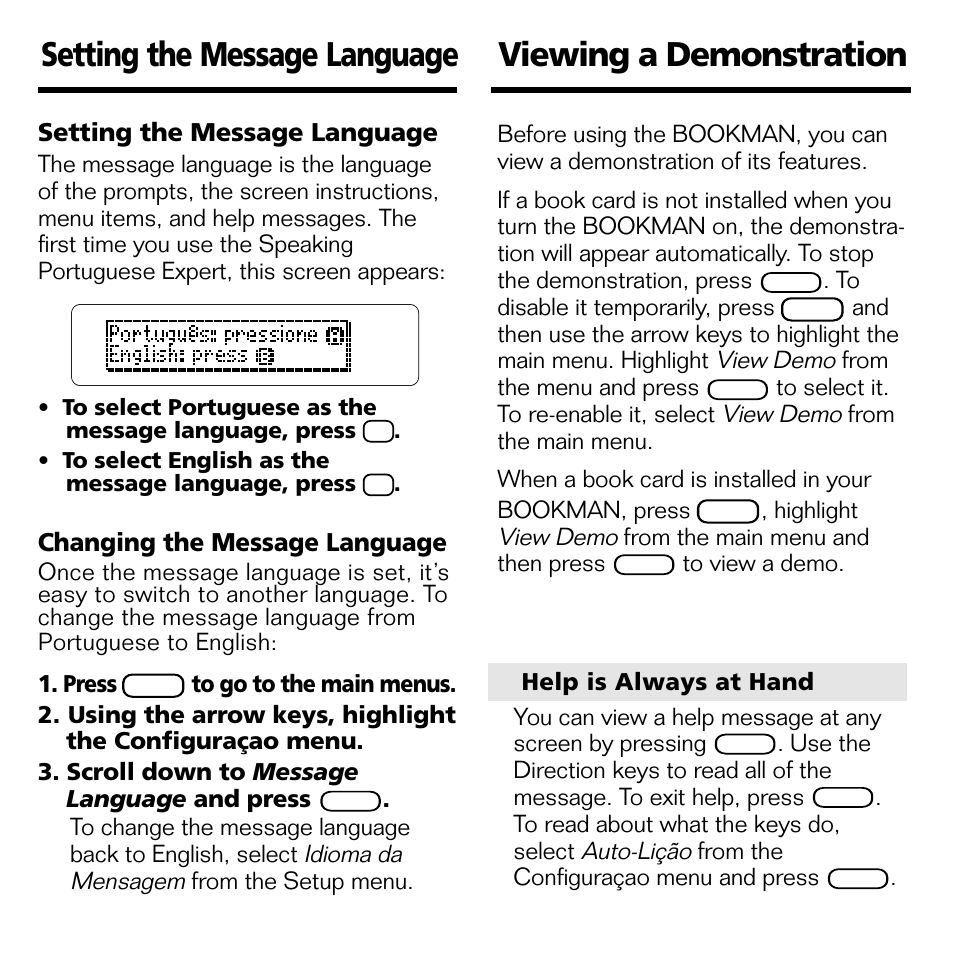 Viewing a demonstration, Setting the message language, Changing the message language | Franklin BPS-840 User Manual | Page 27 / 42