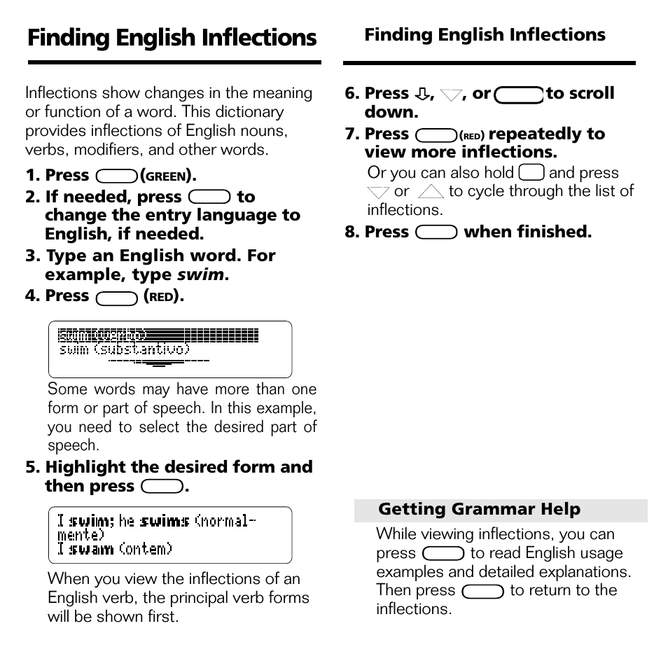 Finding english inflections, If needed, press, Press | Or to scroll down. 7. press, And press | Franklin BPS-840 User Manual | Page 31 / 42