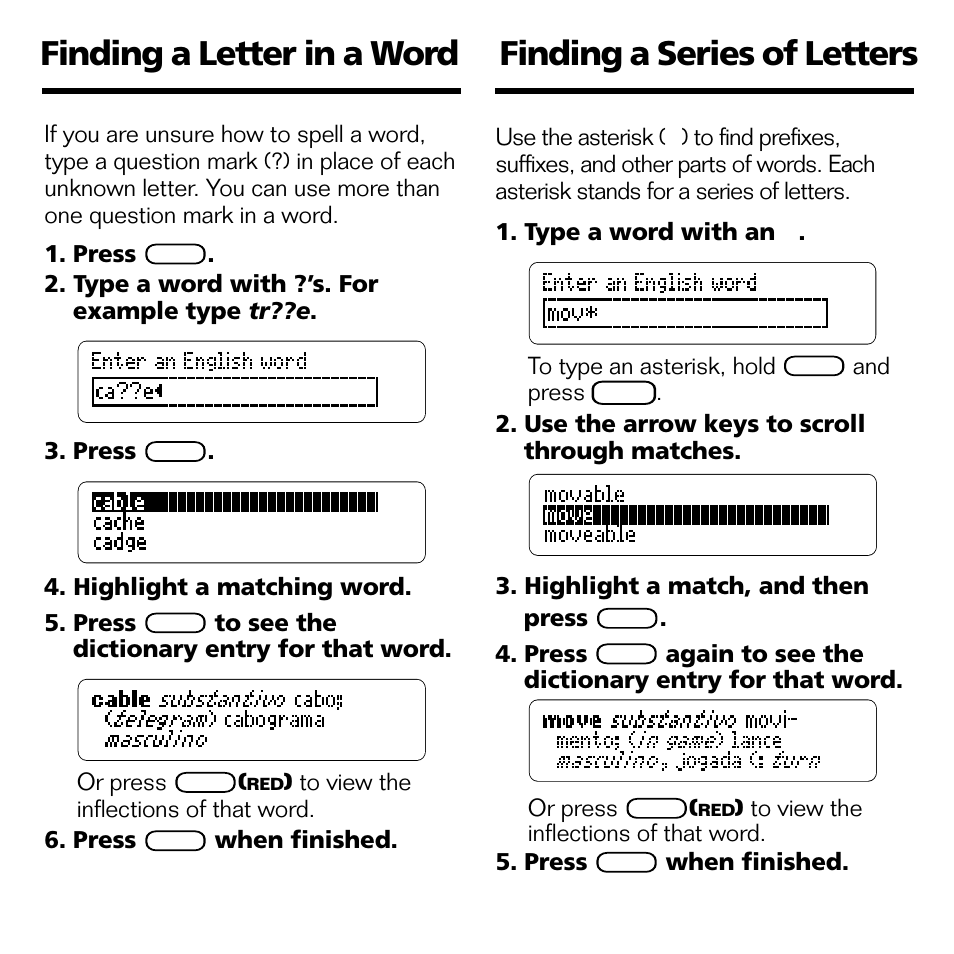 Finding a letter in a word, Finding a series of letters | Franklin BPS-840 User Manual | Page 32 / 42