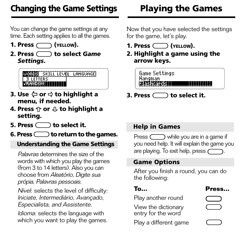 Changing the game settings playing the games | Franklin BPS-840 User Manual | Page 35 / 42