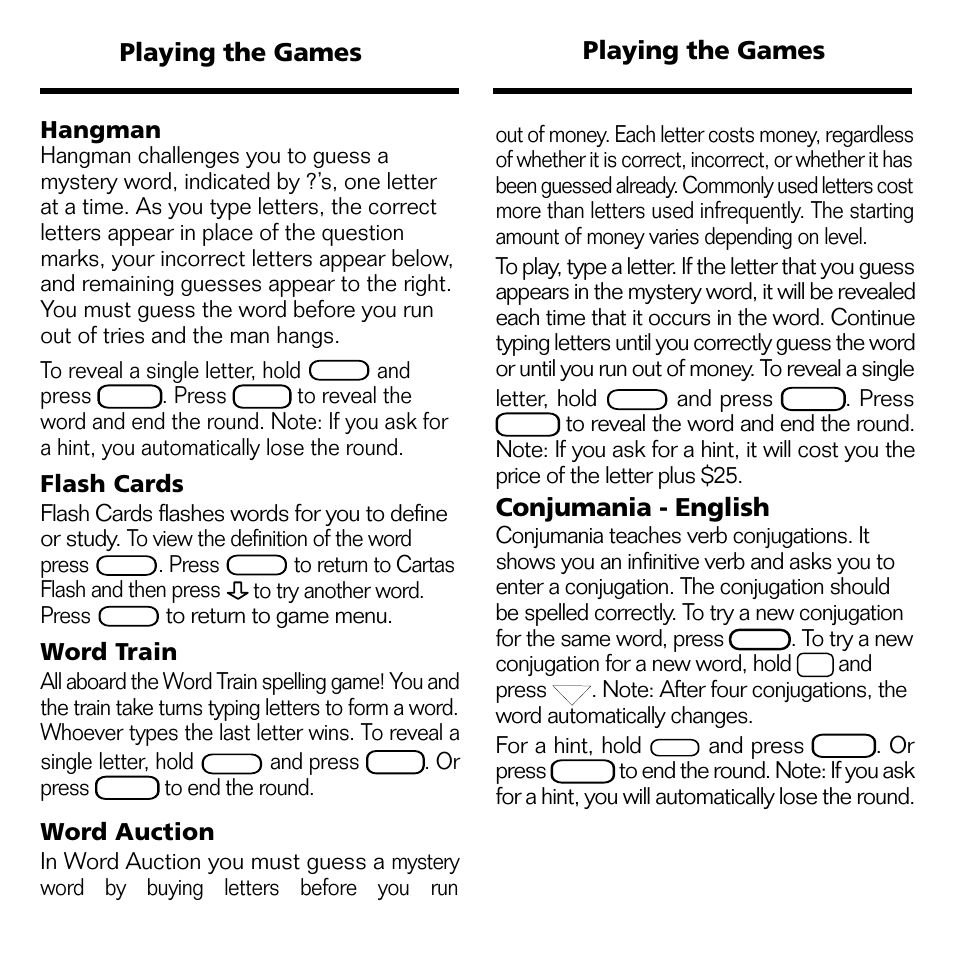 35 playing the games playing the games, Conjumania - english, Hangman | Flash cards, Word train, Word auction, And press, Press, Or press | Franklin BPS-840 User Manual | Page 36 / 42