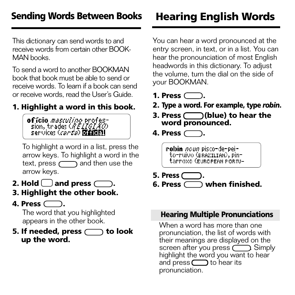 Hearing english words, Sending words between books, Hearing multiple pronunciations | Franklin BPS-840 User Manual | Page 37 / 42