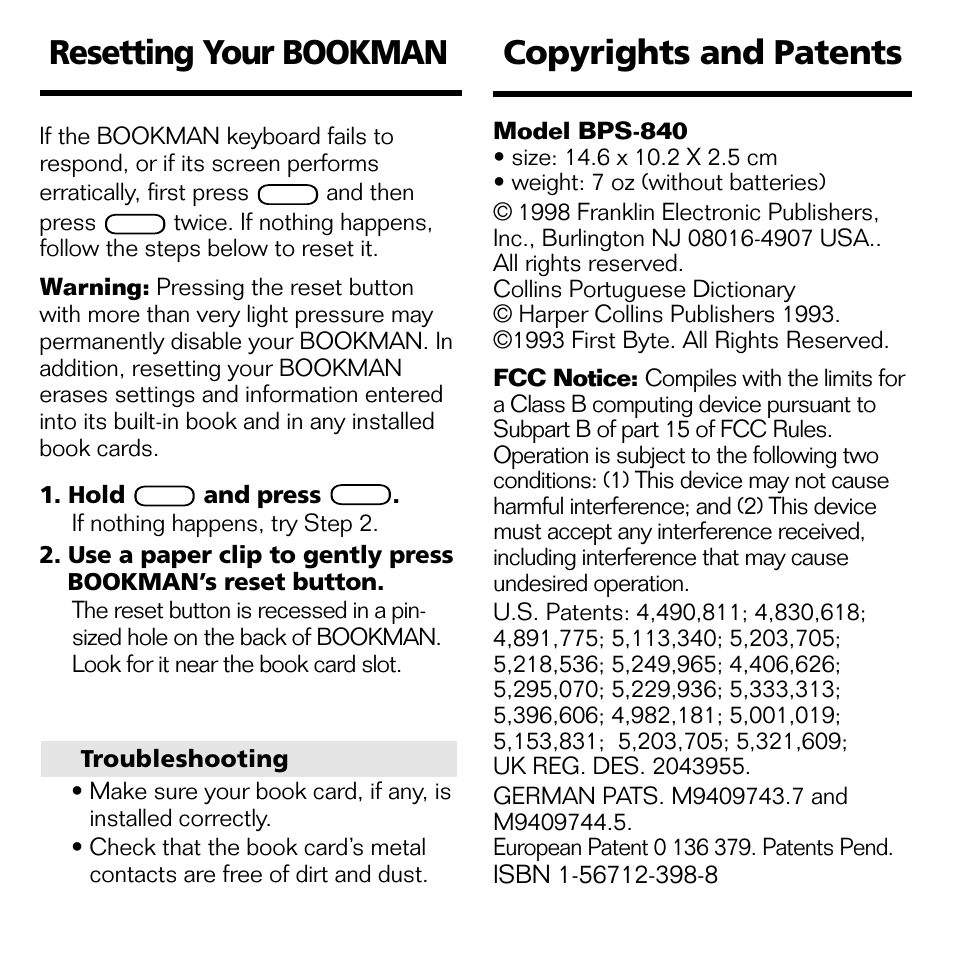 Resetting your bookman copyrights and patents | Franklin BPS-840 User Manual | Page 38 / 42