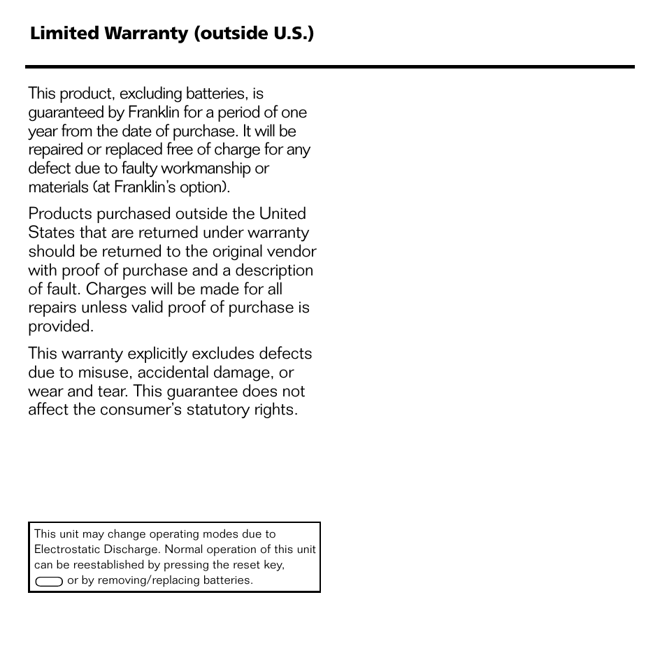 39 limited warranty (outside u.s.) | Franklin BPS-840 User Manual | Page 40 / 42