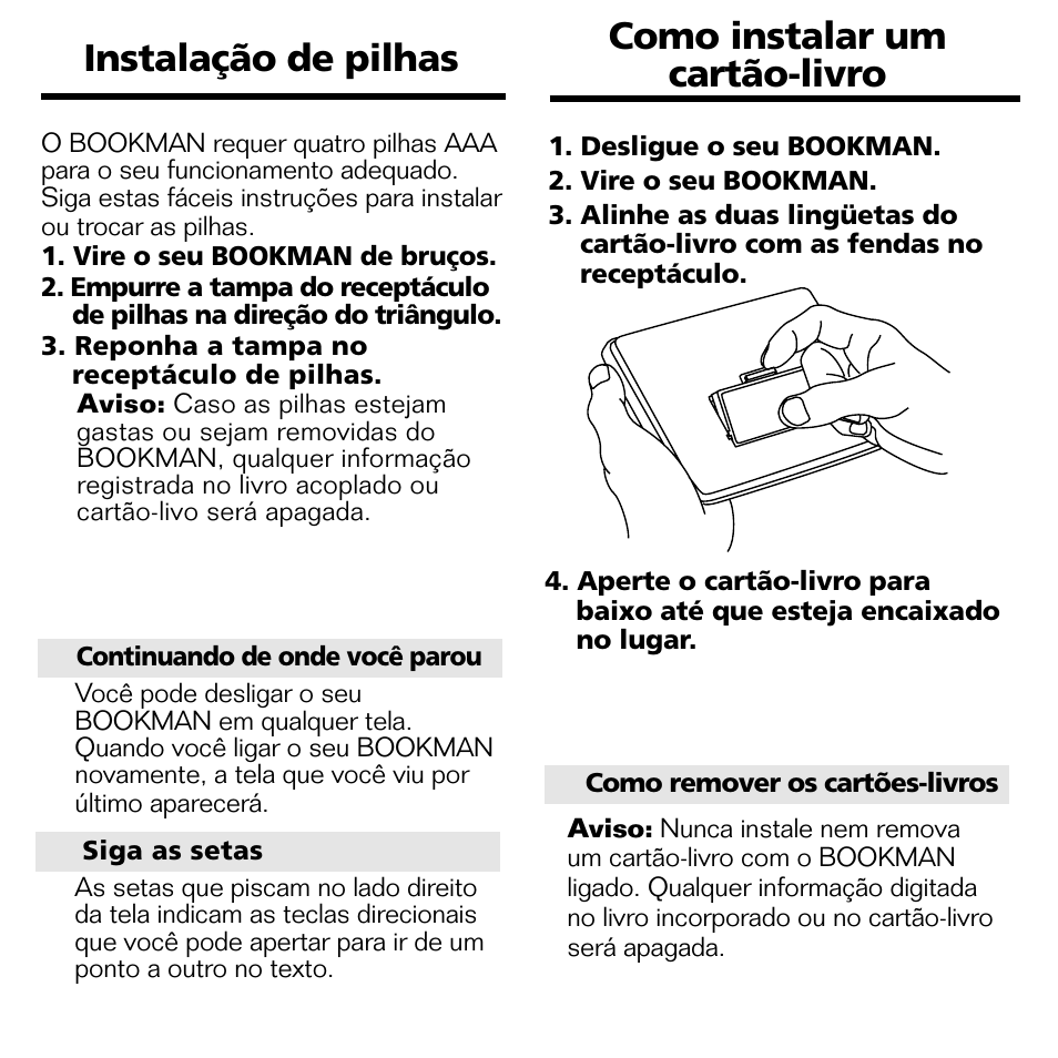Instalação de pilhas, Como instalar um cartão-livro | Franklin BPS-840 User Manual | Page 5 / 42