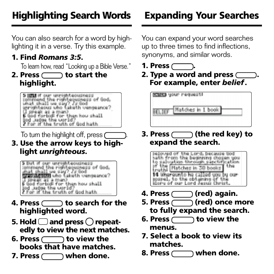 Expanding your searches, Highlighting search words | Franklin KJB-770 User Manual | Page 14 / 21